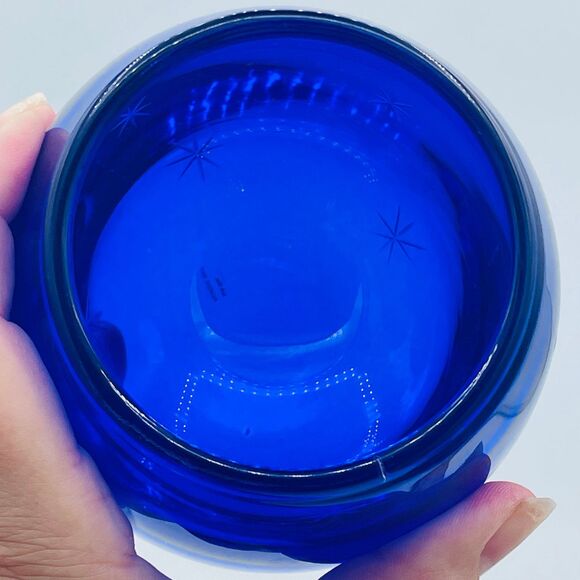 Cobalt Blue Starburst Etched Stars Glittery Glass Votive Candle Holder Poland - Picture 8 of 12
